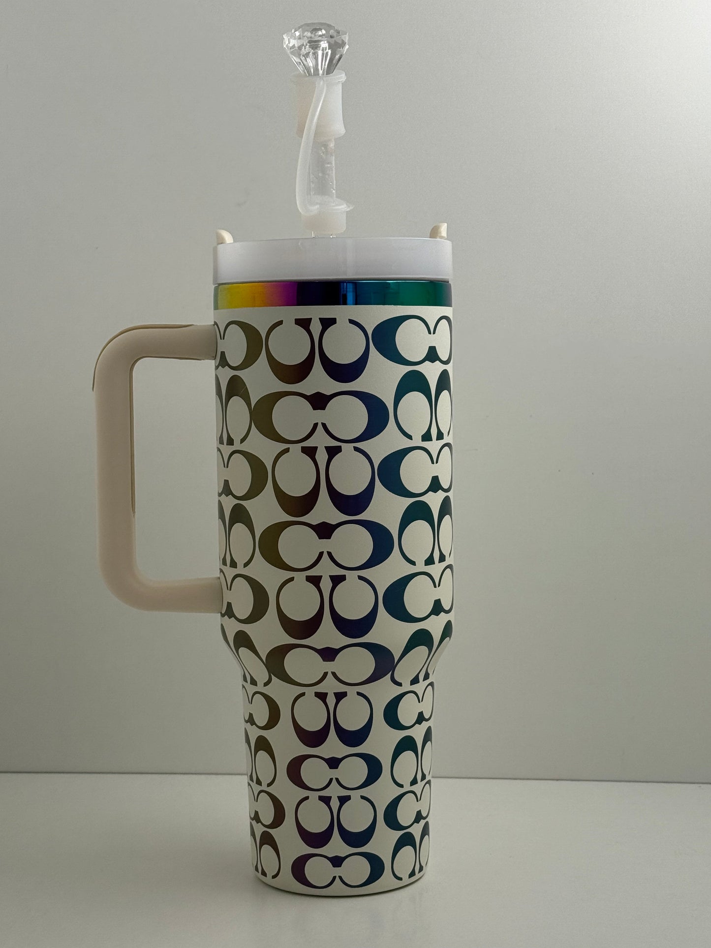 40oz Holographic Monogram Quencher Tumbler – White